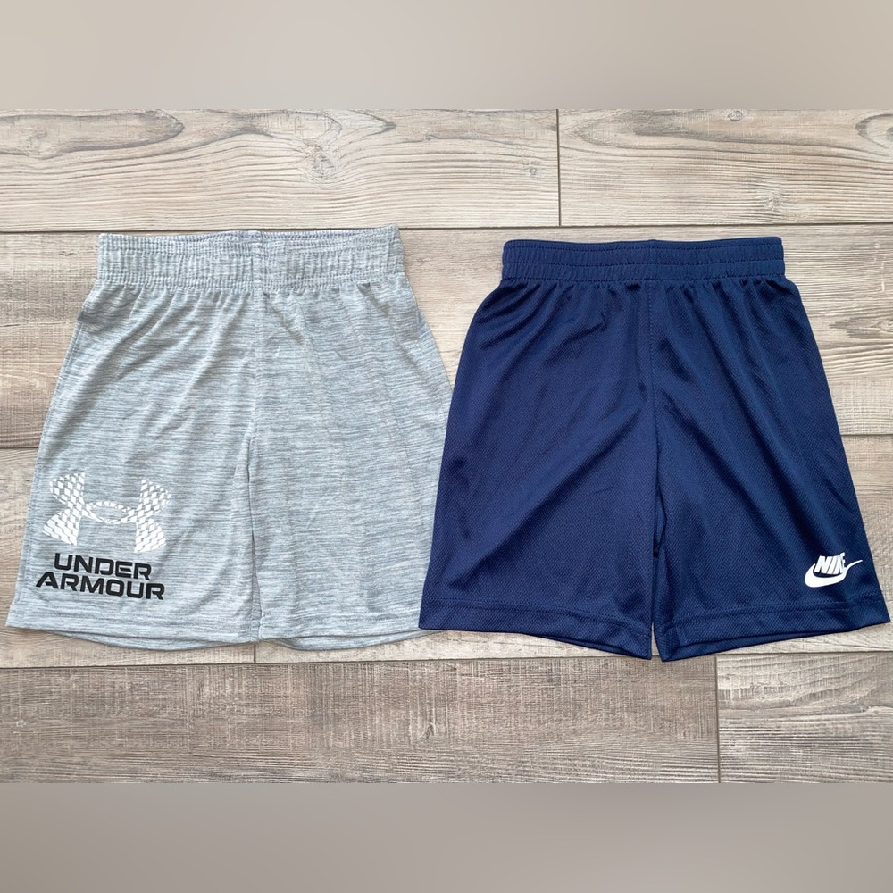 Boy’s Nike Under Armour Sports Athletic Gym Shorts White Grey Navy Blue Size 6